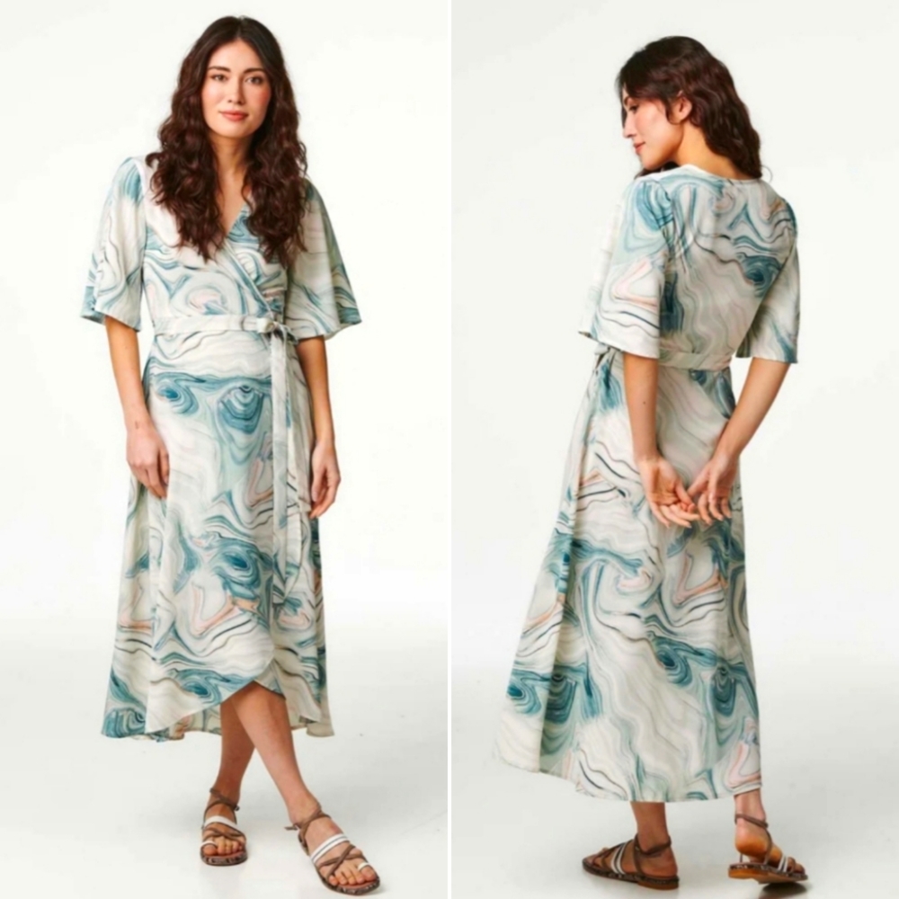 Izabel London Marble Print Wrap Dress in Green